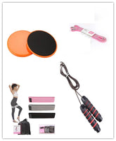 Home workout gear set including resistance bands, jump rope, exercise sliders, and a model in fitted activewear.