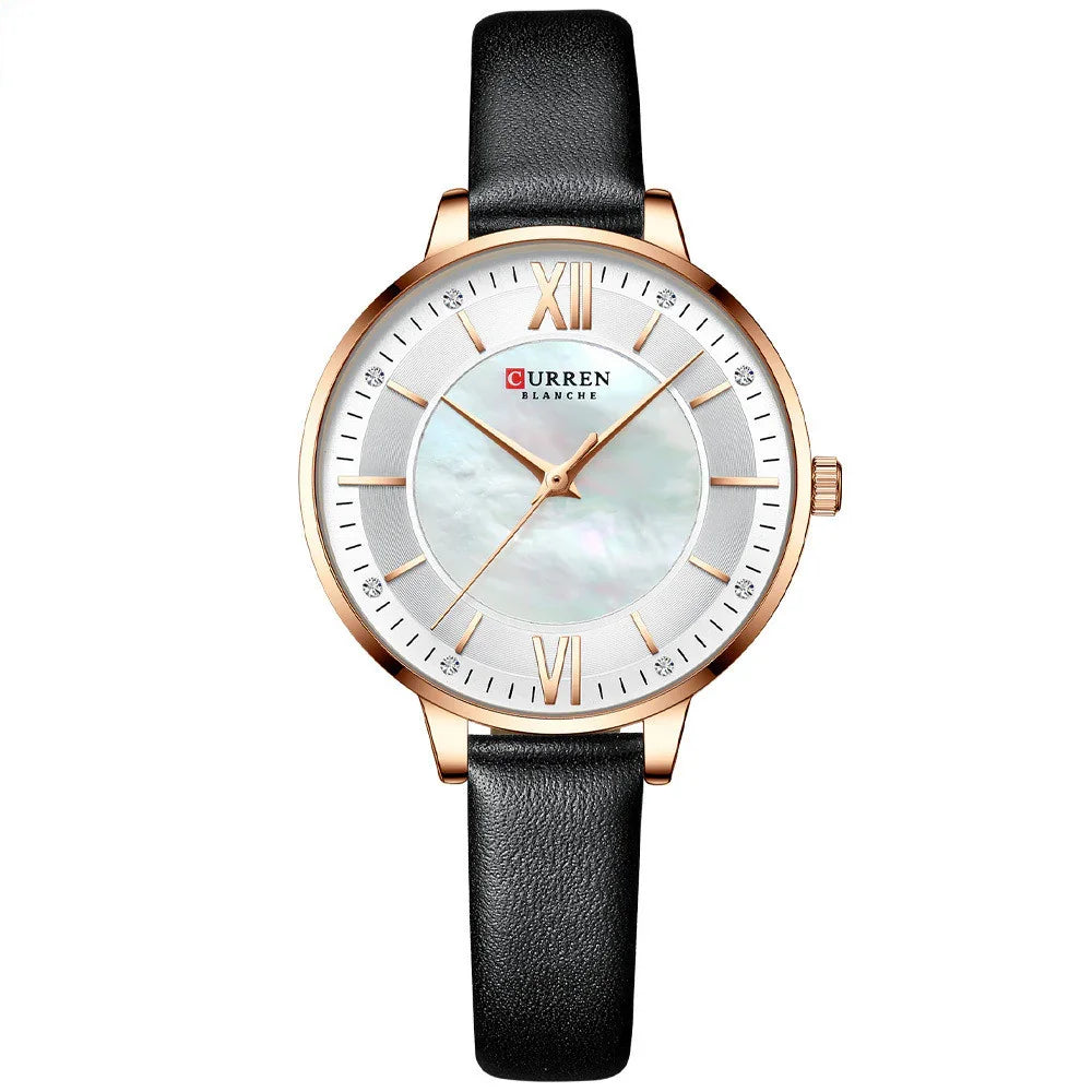 Elegant wristwatch with black leather strap, gold case, and white mother-of-pearl dial.