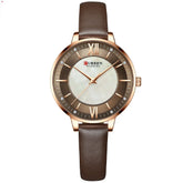 Brown leather strap watch with gold case, Roman numerals, and mother-of-pearl dial.