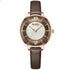 Brown leather strap watch with gold case, Roman numerals, and mother-of-pearl dial.