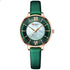 Elegant green leather strap watch with gold case and marble face, Roman numerals, slim fit.