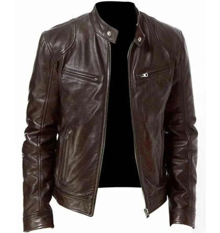 Dark brown leather biker jacket with zip pockets, fitted cut, and snap collar