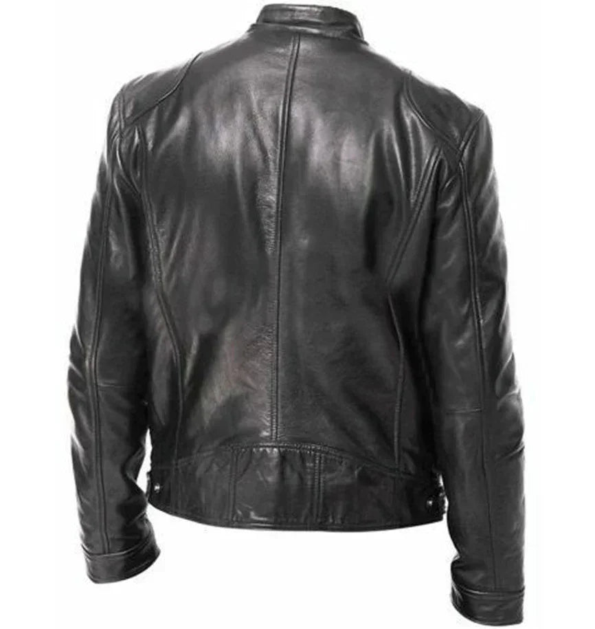 Back view of black leather biker jacket with slim fit and stitched detailing.