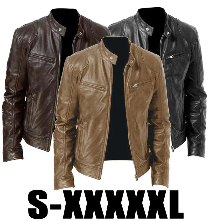 Men’s faux leather biker jackets in black, brown, and tan, slim fit, with zipper pockets.