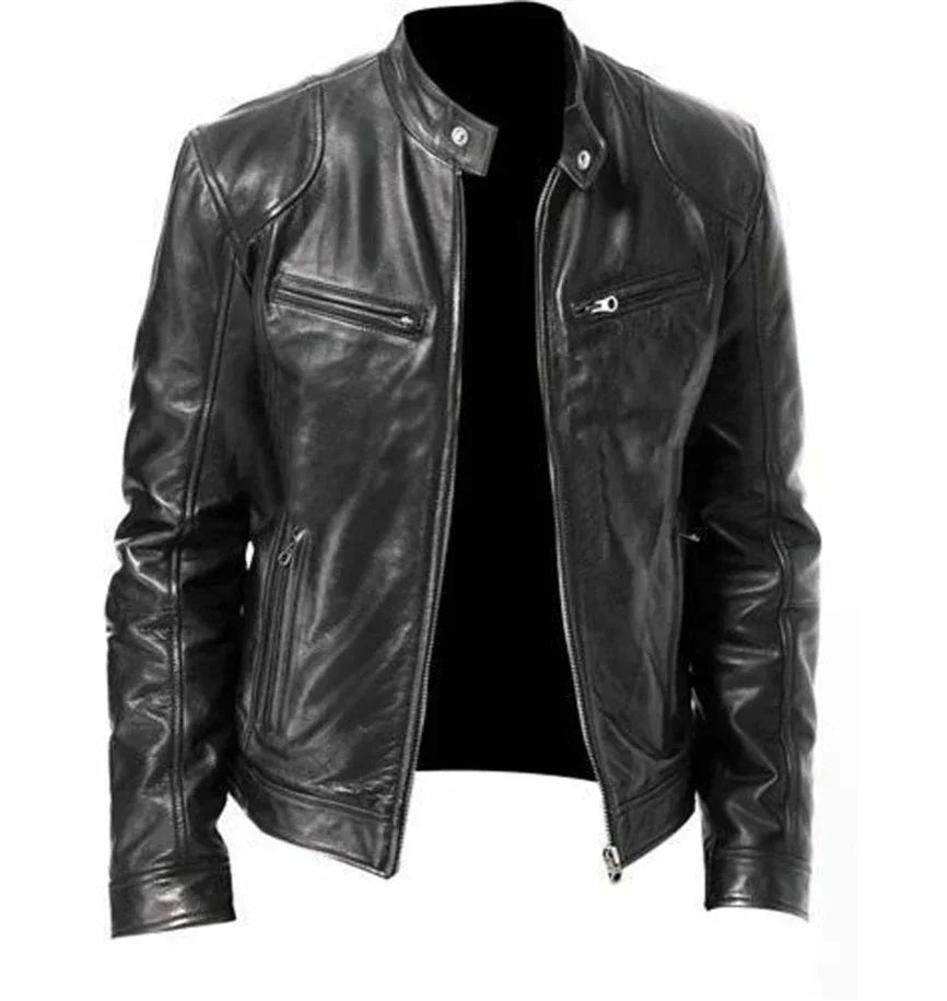 Black leather biker jacket with zippered pockets, slim fit, and stand-up collar