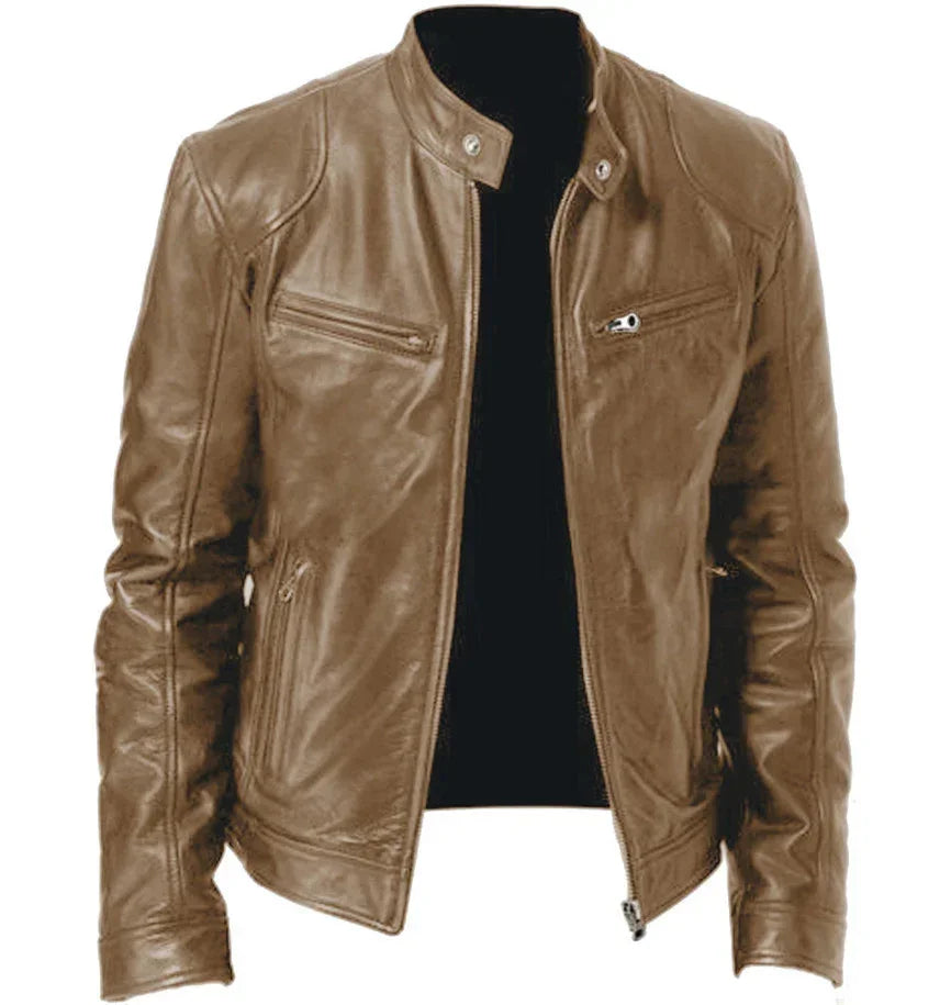 Brown leather biker jacket with zip pockets, slim fit, and snap collar, streetwear style