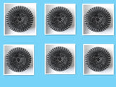 Six metallic mesh scrubbers arranged in a grid on a blue background