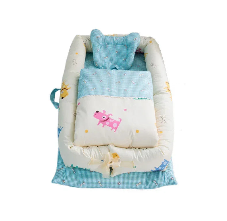 Soft cream and blue baby nest bed with playful animal print, plush material, cozy fit