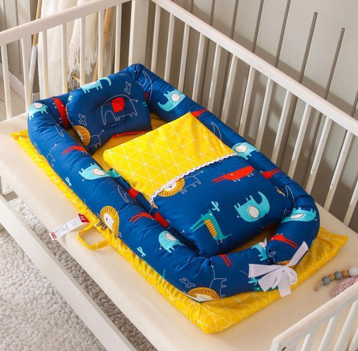 Colorful blue and yellow baby bedding set with animal print, soft cotton material, crib fit