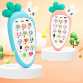Colorful carrot-shaped toy phones with animal buttons, soft silicone material, playful design