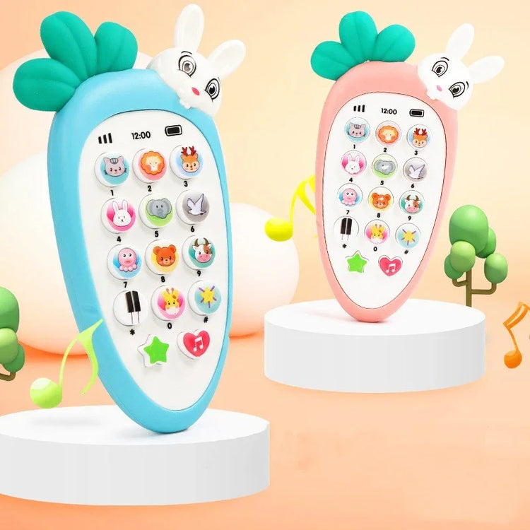 Colorful carrot-shaped toy phones with animal buttons, soft silicone material, playful design