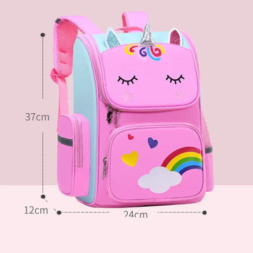Pink unicorn backpack with rainbow print, heart accents, mesh pockets, and adjustable straps