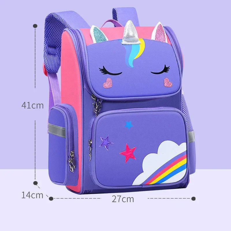 Purple and pink unicorn-themed backpack with rainbow and star details, size 41x27x14 cm, structured fit