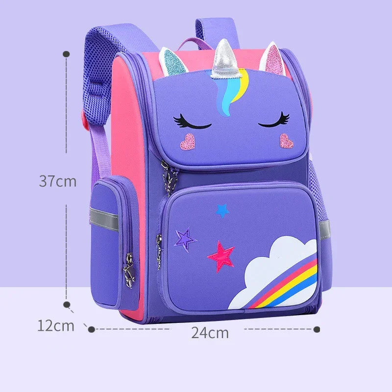Purple and pink unicorn backpack with rainbow and star prints, measured 37x24x12 cm, playful design