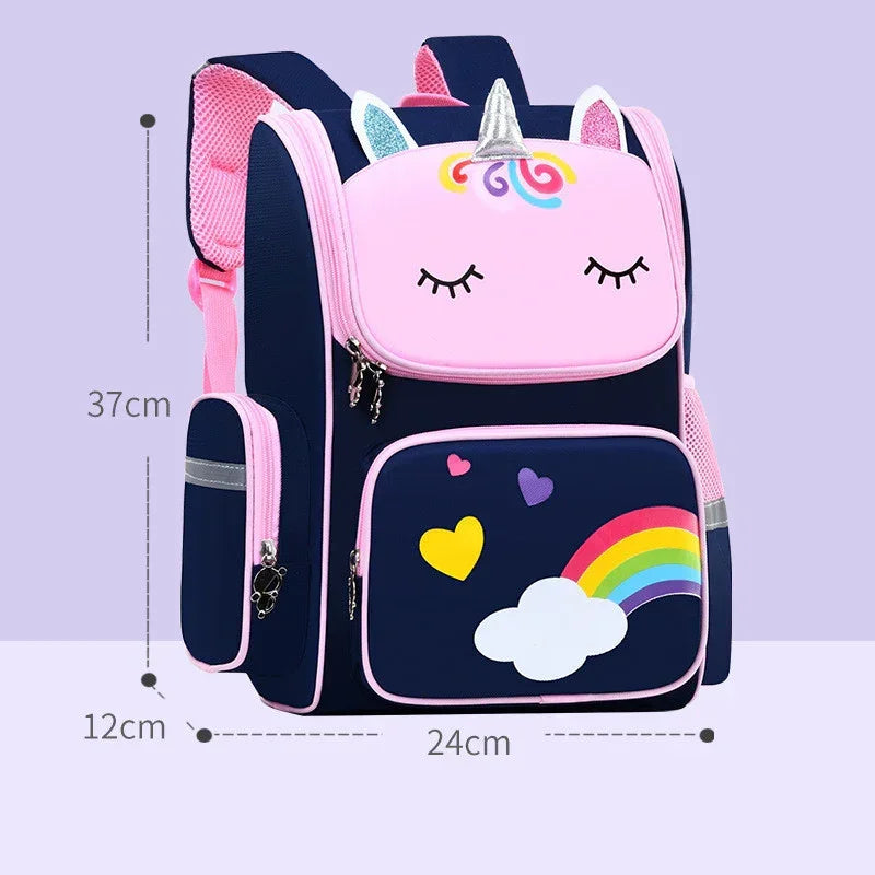 Kids unicorn backpack in pink and navy with rainbow and heart print, soft fabric, medium fit