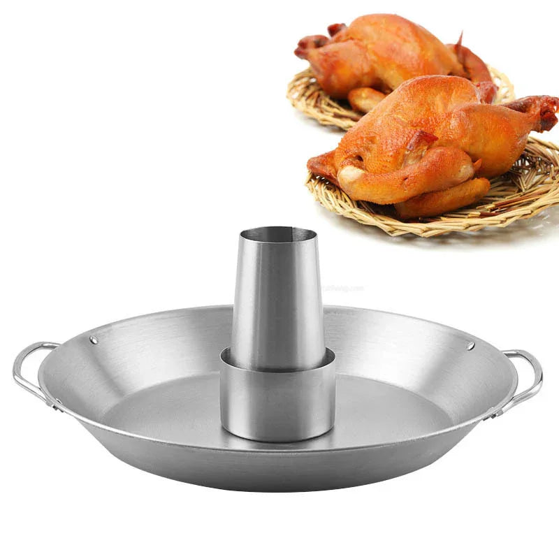Stainless steel roast chicken rack with round tray for even cooking, shown with baked whole chickens.