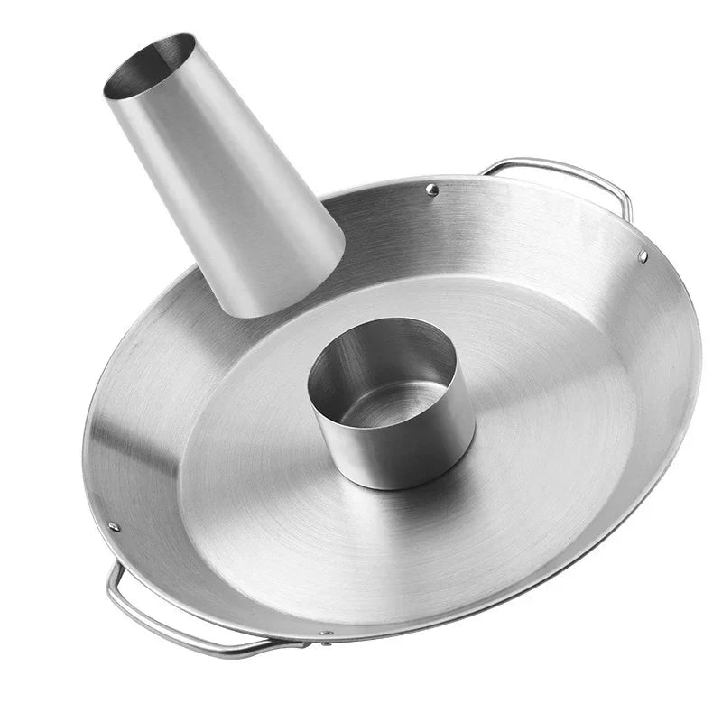 Stainless steel roasting pan with removable cone, circular base, metal handles