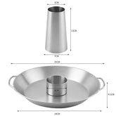 Stainless steel roasting pan with center cylinder and handle, labeled dimensions in centimeters.
