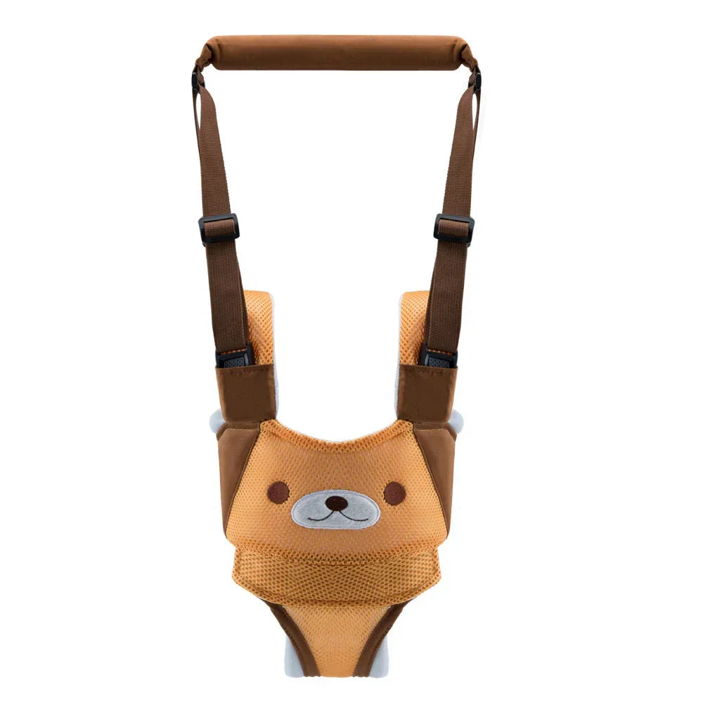Brown and orange mesh baby harness with bear face design, adjustable straps, secure fit