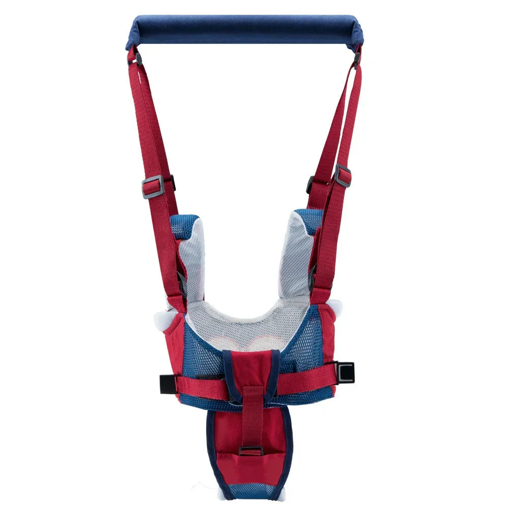 Red and blue adjustable mesh baby walking harness with padded straps and breathable material