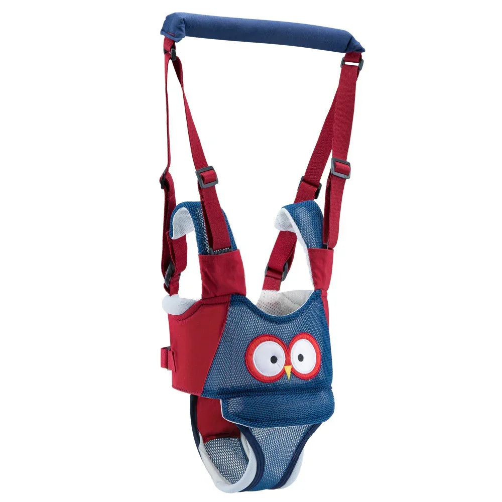 Red and blue baby walking harness with mesh fabric and cartoon owl design, adjustable fit