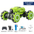 Lime green and black remote control stunt car with rugged wheels, shown with accessories including controller, watch control, battery, USB charging cable, and manual.