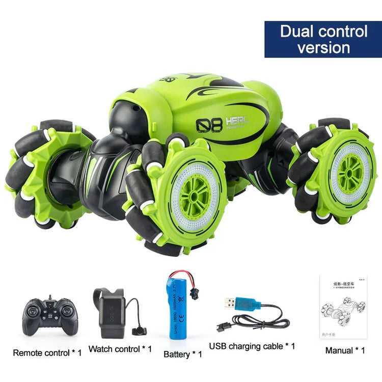 Lime green and black remote control stunt car with rugged wheels, shown with accessories including controller, watch control, battery, USB charging cable, and manual.