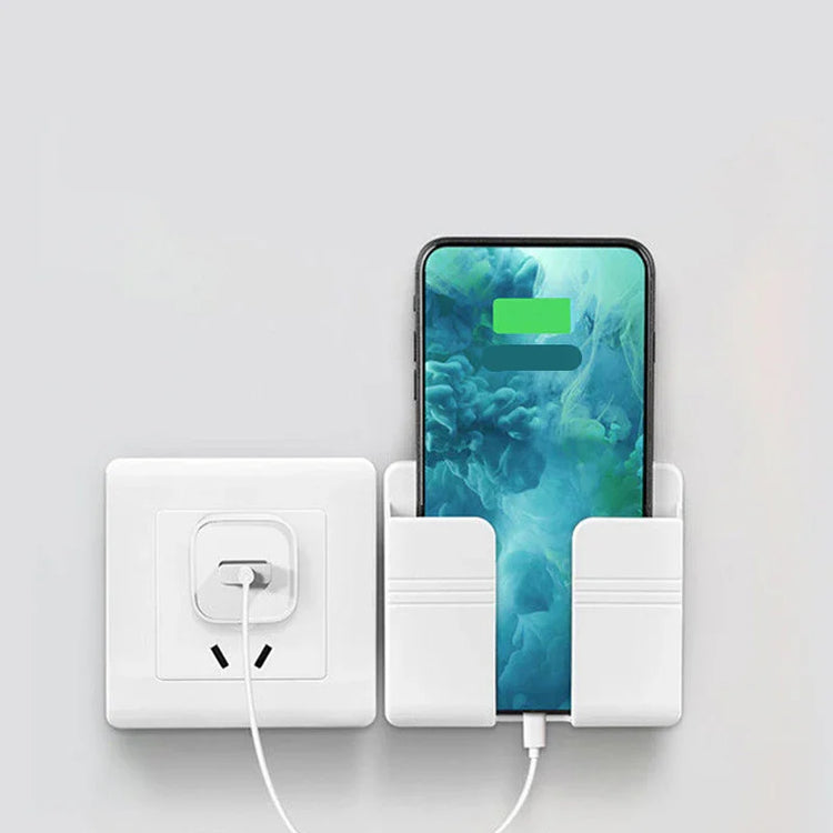 White wall-mounted charging holder with smartphone in minimalist plastic cradle