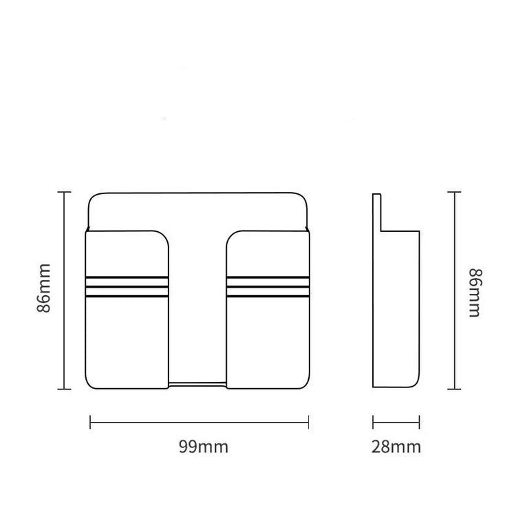 Minimalist technical accessory case with pocket design, shown in black and white line drawing, 99x86x28mm dimensions.