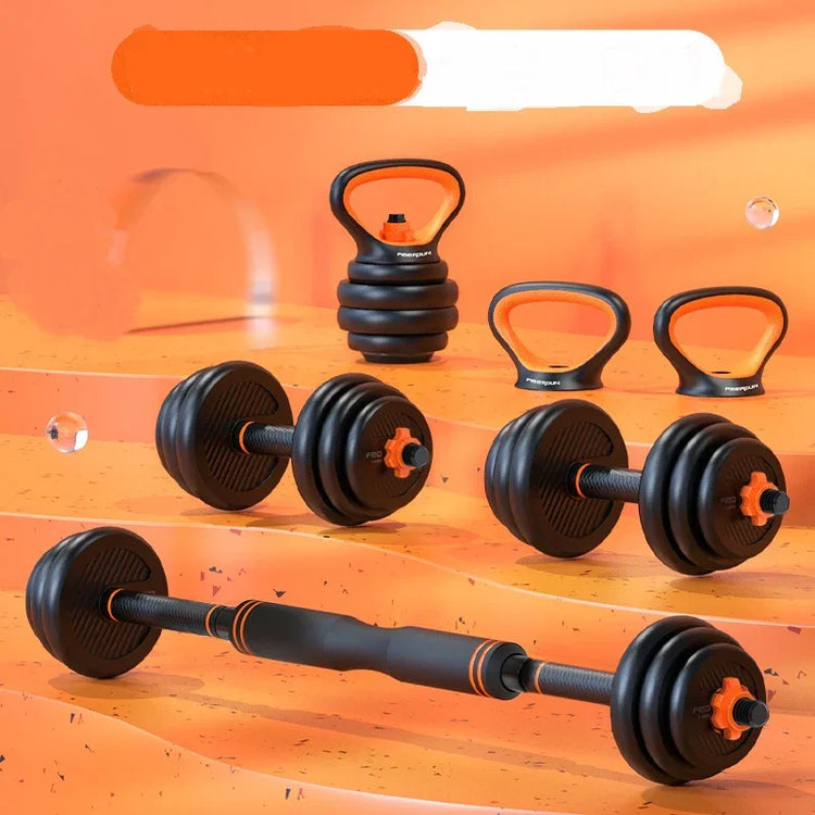 Adjustable black and orange dumbbells and kettlebells set on an orange background