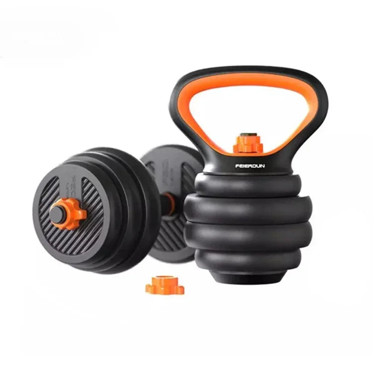 Adjustable black and orange kettlebell and dumbbell set with smooth, matte finish