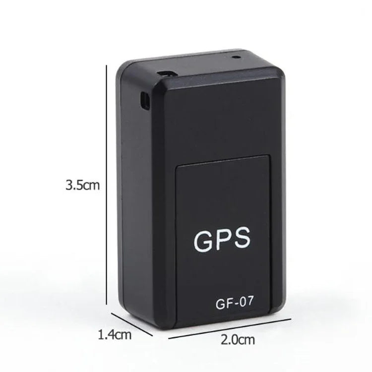 Compact black rectangular GPS tracker device with size dimensions labeled