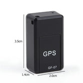 Compact black rectangular GPS tracker device with size dimensions labeled