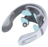 Modern wearable neck massager with soft gray and blue silicone pads and ergonomic fit