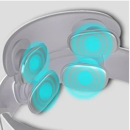 Close-up of a white adjustable wearable device with glowing blue massage pads and smooth finish.