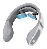 Futuristic gray and white wearable neck massager with blue massage pads, ergonomic fit