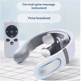 White electronic neck massager with remote control, modern design, ergonomic fit