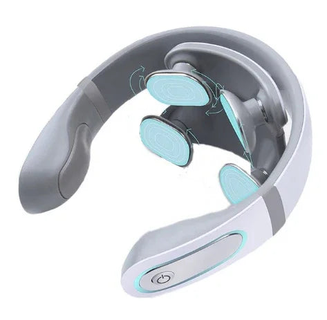White and gray wearable neck massager with soft silicone pads and ergonomic fit