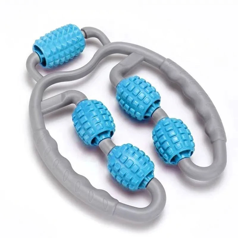 Gray and blue plastic manual massage roller with textured handles and four spiked rollers