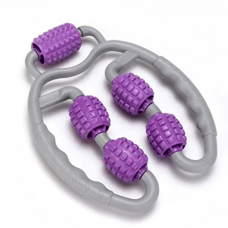 Gray handheld massager with textured purple rollers, ergonomic grip, plastic material