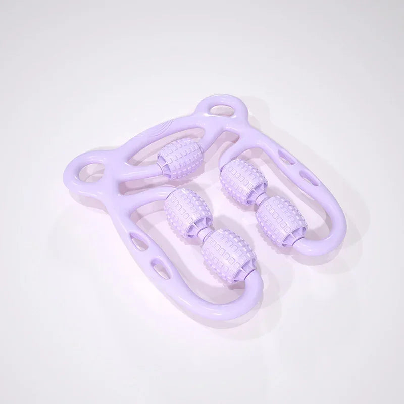 Light purple plastic massage roller with textured rollers and ergonomic handles on white background