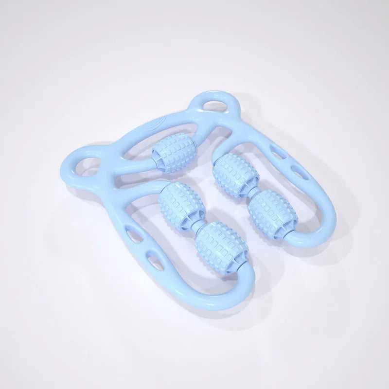 Light blue plastic handheld massage roller with textured wheels on white background