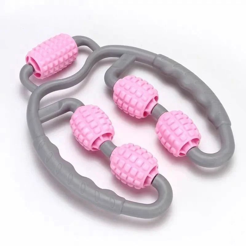 Gray plastic massage roller with four textured pink rollers, ergonomic handles