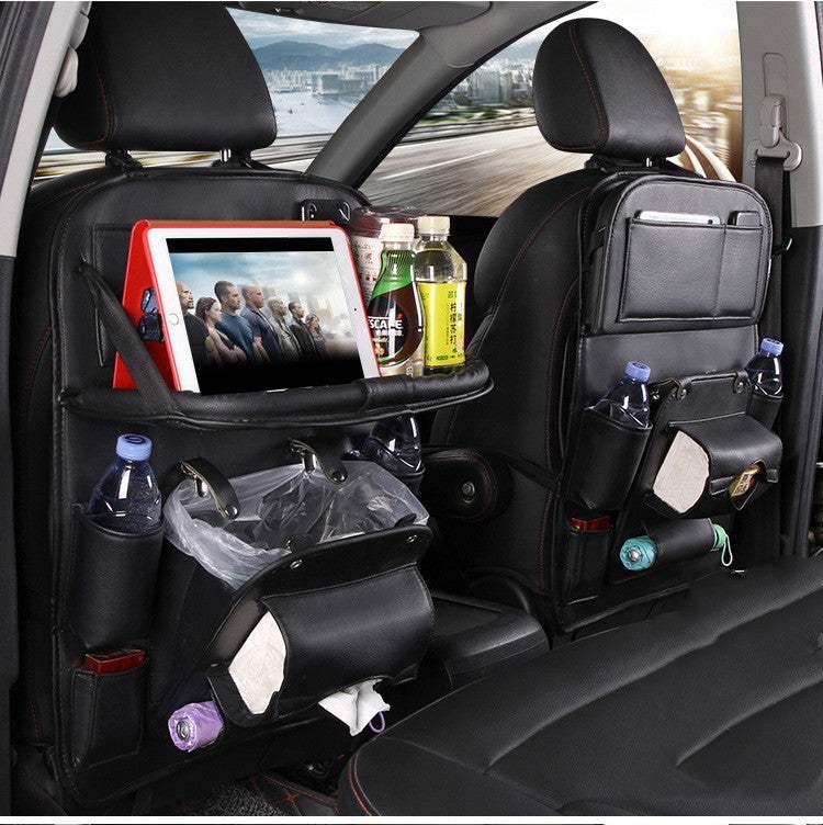 Black leather car seat organizers with pockets for drinks, wipes, tissues, and tablet holder