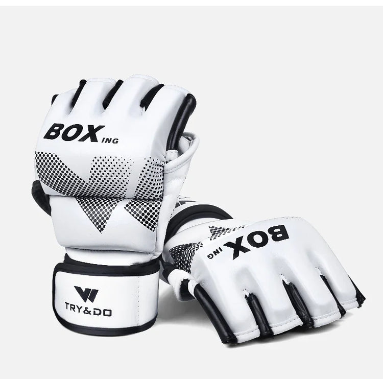 White and black padded boxing gloves, fingerless design, synthetic leather, modern style.