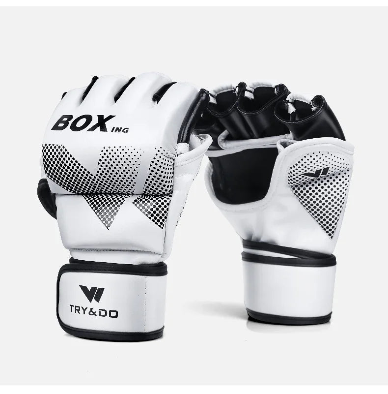 White and black synthetic leather boxing gloves with open finger design and adjustable wrist strap.
