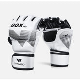 White and black synthetic leather boxing gloves with open finger design and adjustable wrist strap.