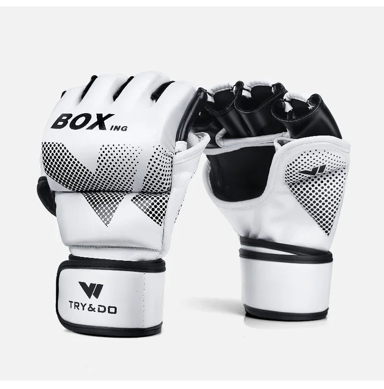 White and black synthetic leather boxing gloves with open finger design and adjustable wrist strap.