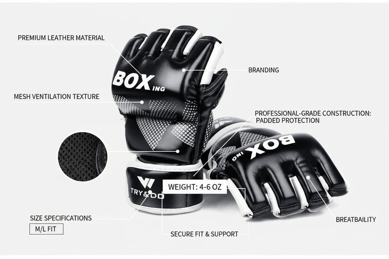Black premium leather boxing gloves with mesh ventilation, padded protection, and secure fit.