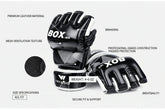 Black premium leather boxing gloves with mesh ventilation, padded protection, and secure fit.